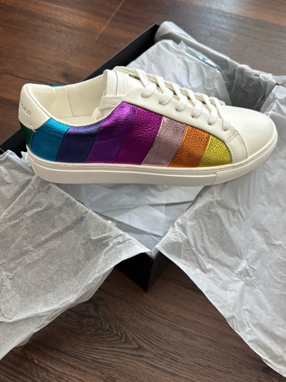 Kurt Geiger NWT Lane Metallic Leather Upper Rainbow White Sneakers.